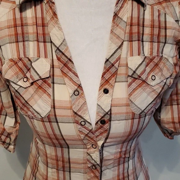 Orange Plaid Snap button down - Picture 2 of 8